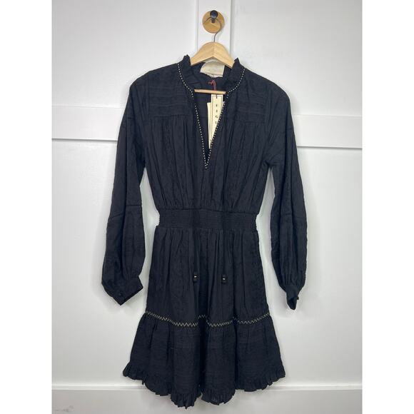NWT Figue Rayne Long Sleeve Ruffle Black Embroidered Cotton Dress Size: XS - Picture 2 of 8